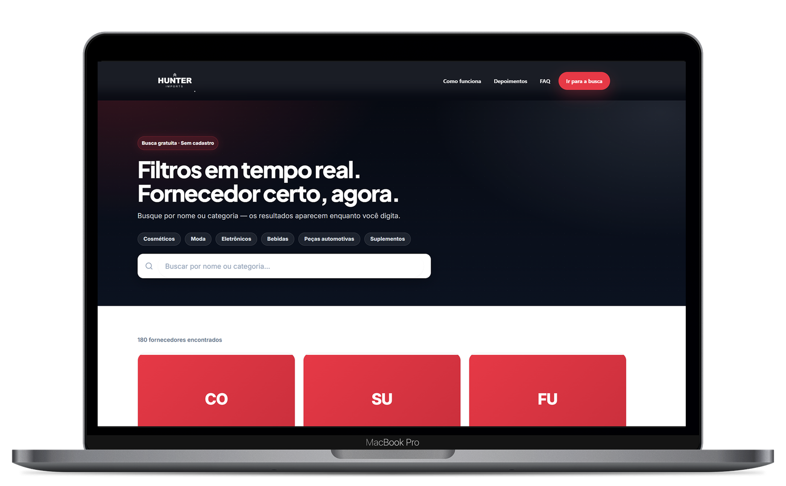 Preview do motor de busca Hunter Imports